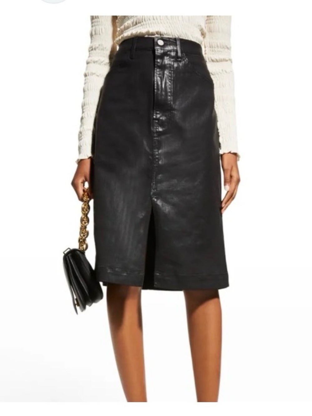 Frame Denim Black Coated denim Mid-Rise Front-Slit Midi Skirt